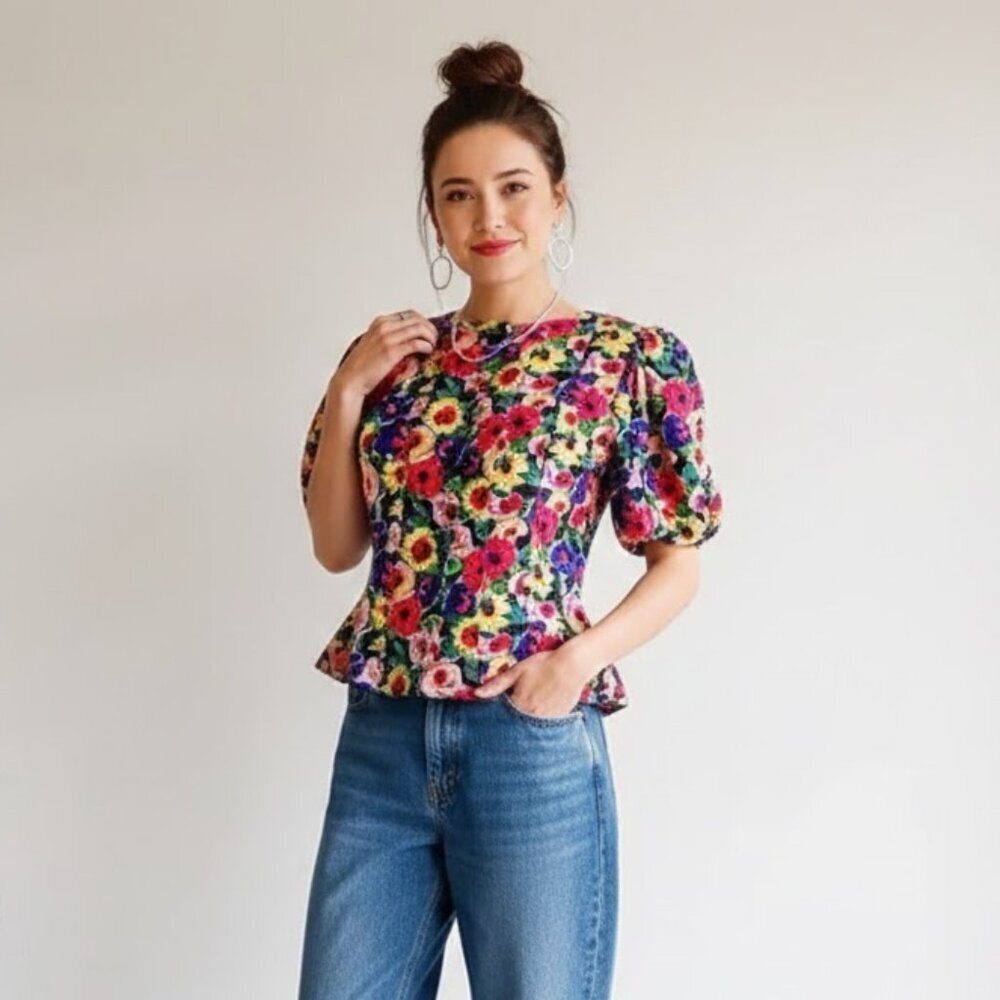 VINTAGE 1980s ALBERT NIPON Silk Peplum Top Bold Floral Print Size 8
